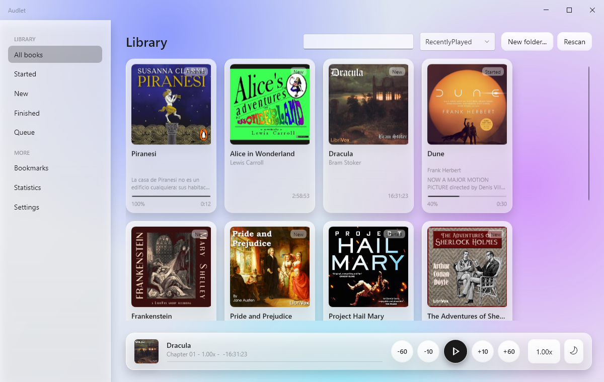 Audlet's library: a sidebar, book cards with covers and progress bars, and the player bar along the bottom
