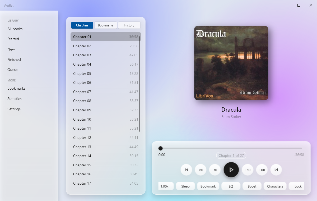 Audlet's Now Playing view: the chapter list on the left, the book cover, title and author, and a control panel with the seek bar, rewind, play and forward buttons